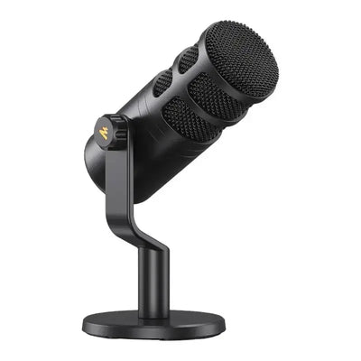czarny mikrofon biurkowy na statywie, akcesoria do home office, sprzęt audio do pracy zdalnej