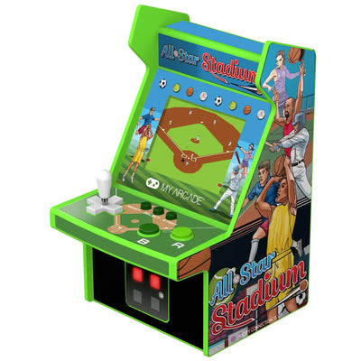 Mini automat do gier arcade All Star Stadium, kolorowy motyw sportowy, joystick i przyciski.