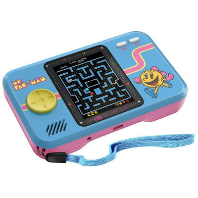 Przenośna konsola do gier retro z kolorowym motywem Ms. Pac-Man, niebiesko-różowa
