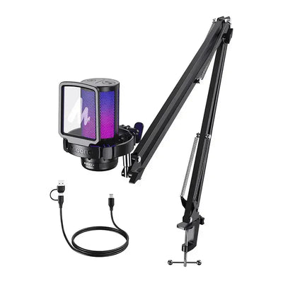 Mikrofon studyjny USB z podświetleniem RGB, ramieniem montażowym i kablem, akcesorium do biura.