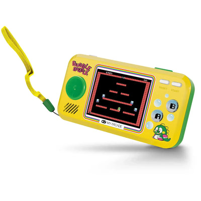 Żółta konsola retro do gier Bubble Bobble z wyświetlaczem LCD, przyciskami i paskiem na rękę.