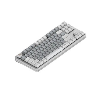 Mechaniczna klawiatura biurowa w odcieniach szarości, ergonomiczny układ klawiszy