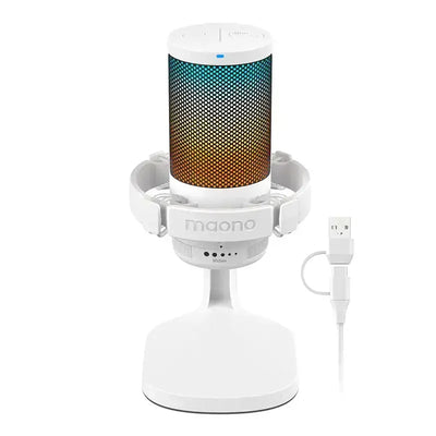 Biały mikrofon USB Maono z kolorowym podświetleniem LED, idealny do biura i home office