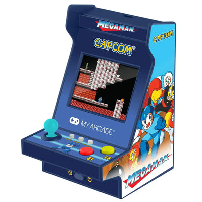 mini automat arcade Mega Man z joystickiem, kolorowy retro gadżet do biura lub home office