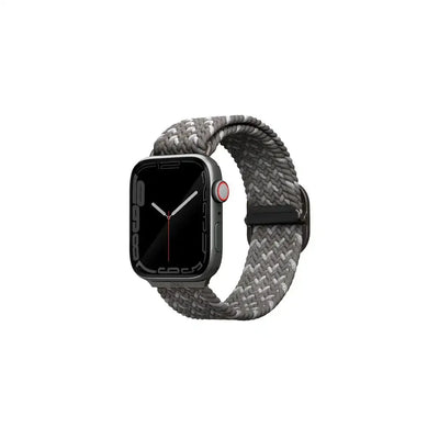 Smartwatch z wyświetlaczem dotykowym na szarej, plecionej opasce Pebble Grey na białym tle