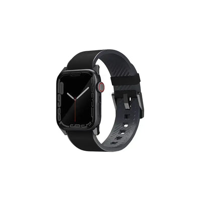 Czarny pasek sportowy do smartwatcha, widok z boku, minimalistyczny design.