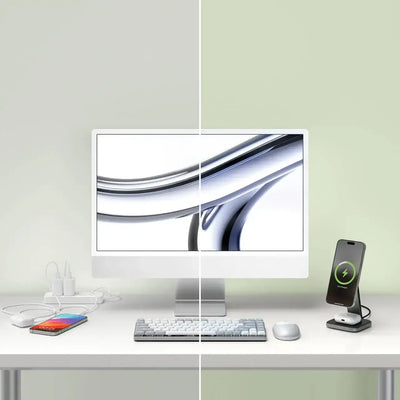 Biurko z monitorem, klawiaturą mechaniczną, myszką i stojakiem do bezprzewodowego ładowania smartfona