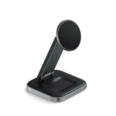 Czarna składana podstawka 2w1 do bezprzewodowego ładowania Qi2 na biurko, ergonomiczny design.