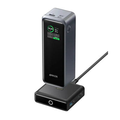 Nowoczesna ładowarka biurkowa Anker z wyświetlaczem LED i portami USB-C, do home office.