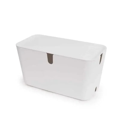 biały organizer na kable biurowe z pokrywą, minimalizm, akcesoria do home office