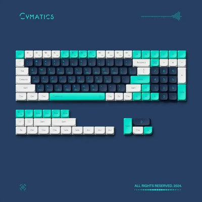 Keycapy do klawiatury mechanicznej w kolorach biały, turkusowy i granatowy na niebieskim tle.