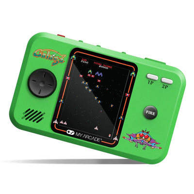 Zielona konsola retro do gier z ekranem, przyciskami i klasyczną grą arcade.