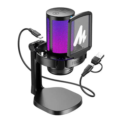 Mikrofon USB na statywie z pop filtrem i podświetleniem LED, akcesorium do biura i home office