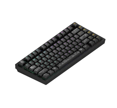 Czarna klawiatura mechaniczna RGB z unikalnymi keycapami, idealna do biura i home office