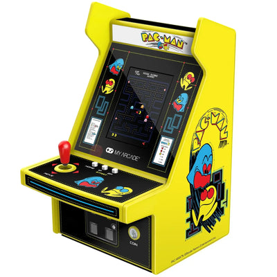 Żółty automat arcade do gry Pac-Man z joystickiem i kolorową grafiką, retro wygląd
