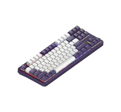 Klawiatura mechaniczna z fioletowymi i białymi keycapami, idealna do home office