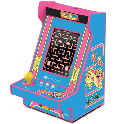 Kolorowa mini konsola retro arcade z grą Ms. Pac-Man, joystick i przyciski.