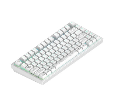 biała klawiatura mechaniczna z podświetleniem RGB, nowoczesny design, keycapy z nadrukiem