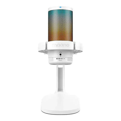Biały mikrofon biurowy USB z podświetleniem RGB, idealny do home office i nagrań.
