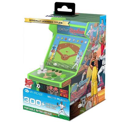 Kolorowa, przenośna konsola retro arcade z joystickiem, sportowe motywy, ponad 300 gier wideo.
