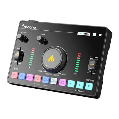 Czarny interfejs audio do biura, z przyciskami, pokrętłami i podświetlanymi wskaźnikami LED.