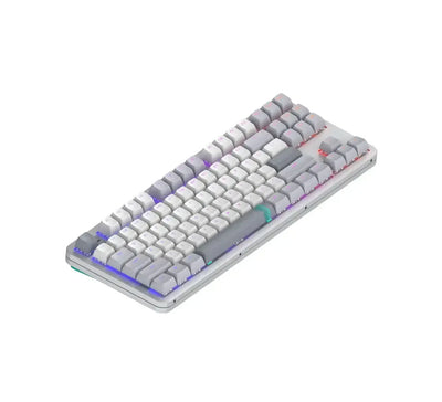 mechaniczna klawiatura RGB z szarymi i białymi keycapami, podświetlenie LED, nowoczesny design