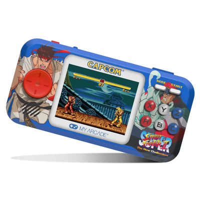 Konsola do gier retro z grą Street Fighter II, kolorowy wyświetlacz i przyciski sterujące