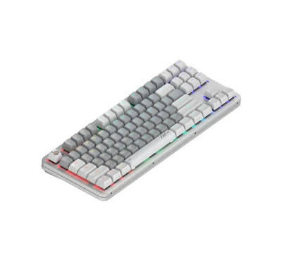 Szara klawiatura mechaniczna RGB z podświetleniem LED i pokrętłem, idealna do biura