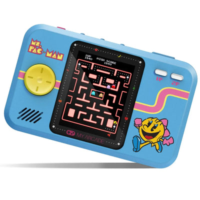 Niebieska konsola retro do gier z ekranem Ms. Pac-Man, joystickiem i kolorowymi przyciskami.