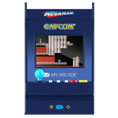 Niebieski mini automat arcade z grą retro Mega Man, joystick, kolorowe przyciski.