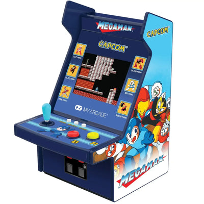 mini automat arcade retro z grą Mega Man, joystick, kolorowe przyciski, grafika postaci