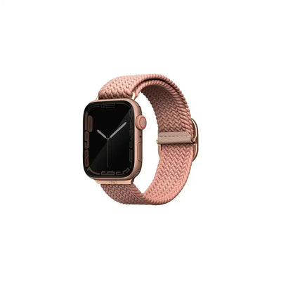 Smartwatch z różowym plecionym paskiem, minimalistyczny design, akcesorium biurowe