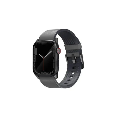 Szary smartwatch z czarnym ekranem na silikonowym pasku, nowoczesny design
