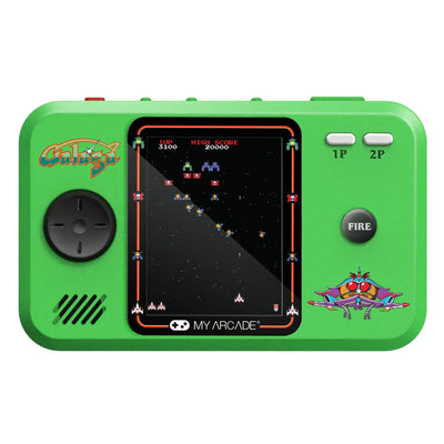 Zielona przenośna konsola retro do gier z ekranem, przyciskami i grą Galaga na wyświetlaczu.