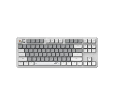 Klawiatura mechaniczna TKL w kolorze szaro-białym, keycapy PBT, minimalistyczny design.