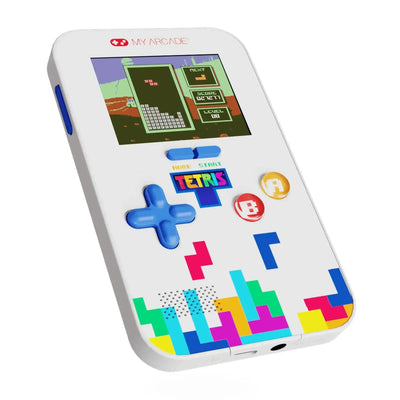 Konsola retro do gier Tetris, biała, kolorowe przyciski i ekran LCD.