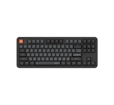 Czarna klawiatura mechaniczna z pomarańczowym przyciskiem, układ TKL, akcesorium biurowe