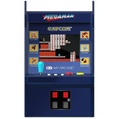 Niebieski automat arcade z grą retro Mega Man, joystickiem i klasycznymi przyciskami.