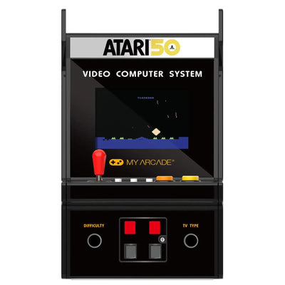 Miniaturowy automat retro do gier Atari 50 z joystickiem i ekranem z klasyczną grą