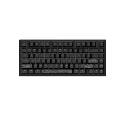 Czarna klawiatura mechaniczna z grawerowanymi keycapami, idealna do biura i home office