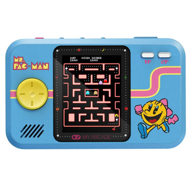 Niebieska konsola przenośna z ekranem gry Ms. Pac-Man, przyciskami i kolorowym designem retro.