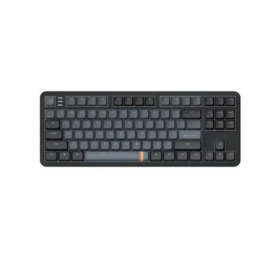 Czarna klawiatura mechaniczna z szarymi keycapami i kolorowym paskiem na spacji, idealna do biura.
