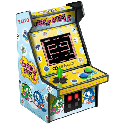 Miniaturowy automat arcade Bubble Bobble z joystickiem, kolorowymi przyciskami i grafiką retro