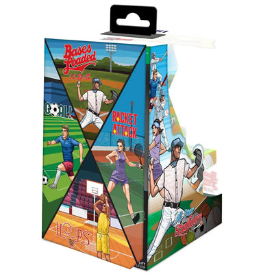Kolorowe opakowanie z ilustracjami sportowców: piłkarz, tenisistka, koszykarz, baseballista.