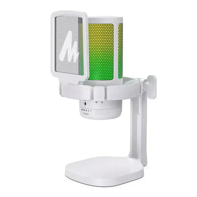 Nowoczesny mikrofon biurowy RGB na białym statywie do home office i streamingu