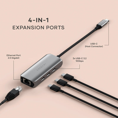 Srebrny hub USB-C 4w1 z portem Ethernet 2,5 Gigabit i trzema portami USB-C 3.2, do biura