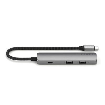 Srebrny adapter USB-C 4w1 z portami USB i HDMI, smukły hub biurowy do laptopa