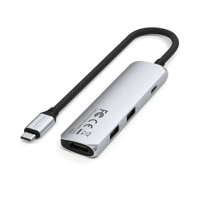 Srebrny adapter USB-C 4w1 z HDMI, USB i portem ładowania, akcesorium do biura