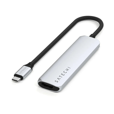 Srebrny adapter USB-C multiport 4w1 z kablem, minimalistyczny design biurowy