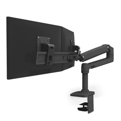 Czarny uchwyt biurkowy do monitora, regulowany, do ergonomicznego stanowiska pracy.